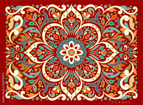 Beautiful pattern on a red background. Vector mandala template. Golden design elements. Traditional Turkish, Indian motifs. Great for fabric and textile, wallpaper, packaging or any desired idea.