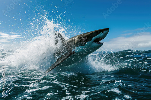 A great white shark as it bursts through the surface of the ocean with unparalleled power