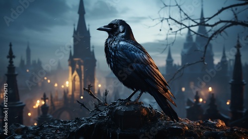 Majestic Raven Perched Atop a Gothic Tombstone. Generative ai photo
