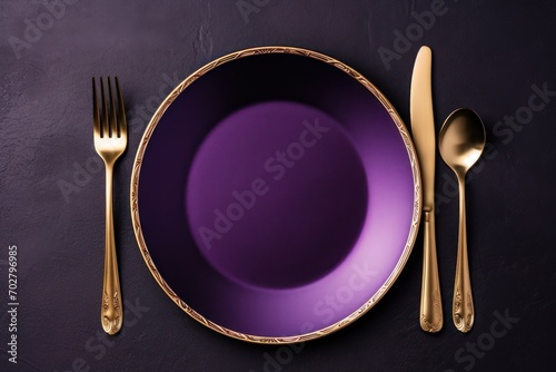  a purple plate with a gold rim next to a purple plate with two gold forks and a purple plate with a gold rim.