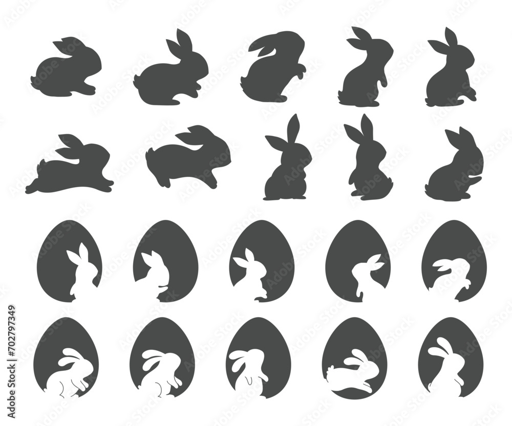 Silhouette of the Easter Bunny in various poses. Easter egg festival greeting card decorative elements