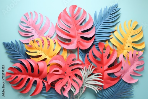  a bunch of paper cut out of different colors of leaves on a blue background with a red, yellow, pink, and green leaf in the middle.