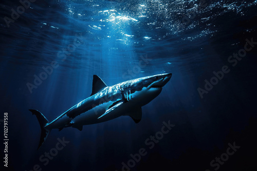 A great white shark swimming gracefully in the moonlit waters © Veniamin Kraskov