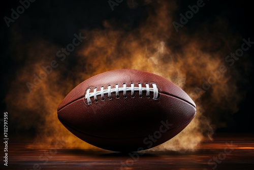 Closeup an American football ball shrouded in dramatic smoke photo