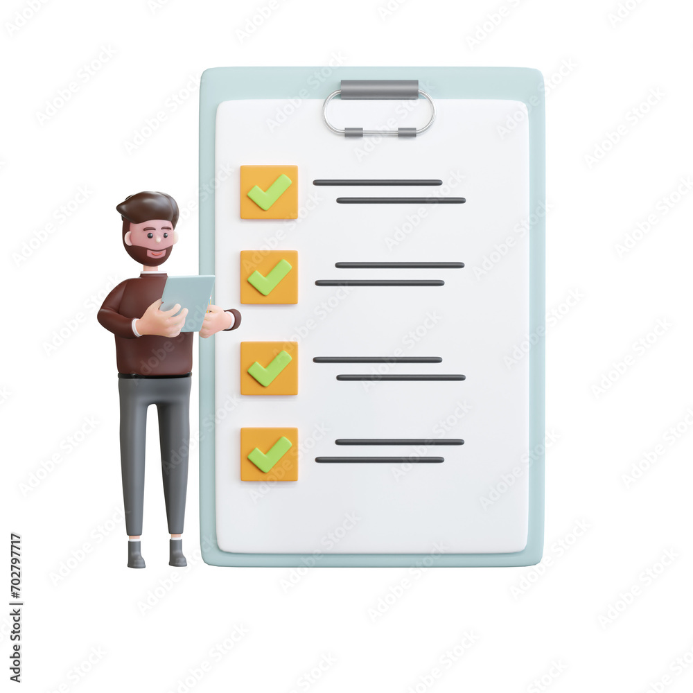 businessman analyst document with check marks, 3d illustration