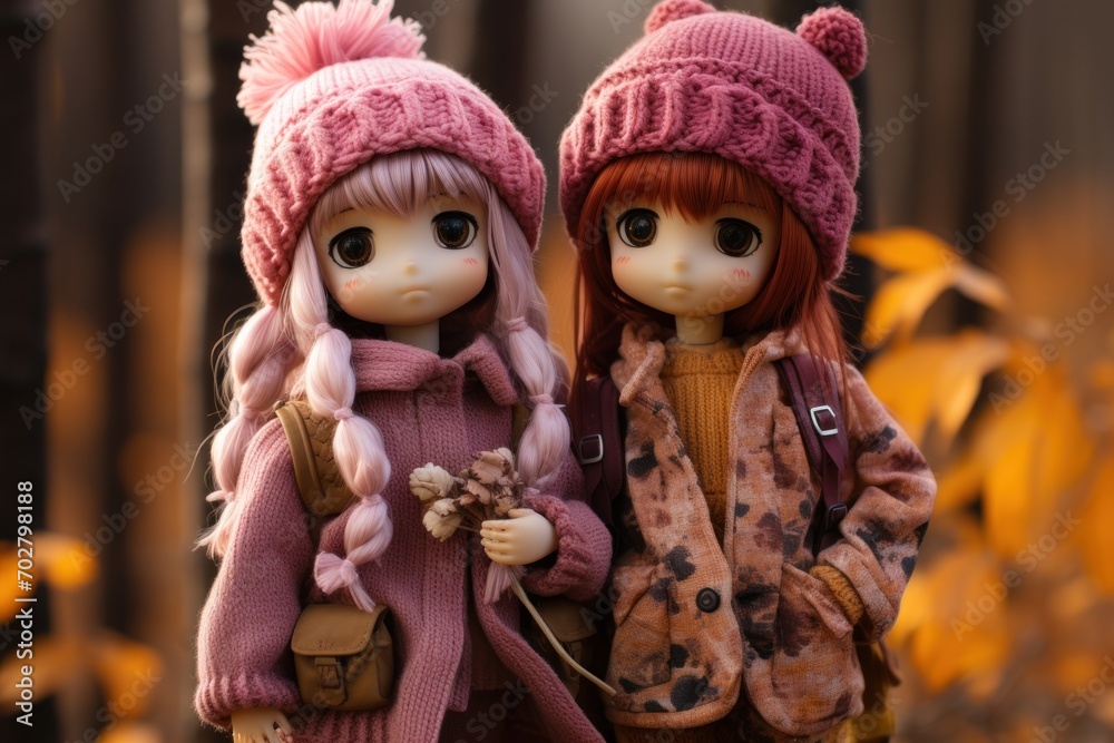 a couple of dolls standing next to each other in front of a yellow leaf filled tree filled with yellow leaves. a couple of dolls standing next to each other in front of a yellow leaf filled tree filled with yellow leaves.