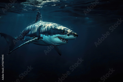 A great white shark swimming gracefully in the moonlit waters