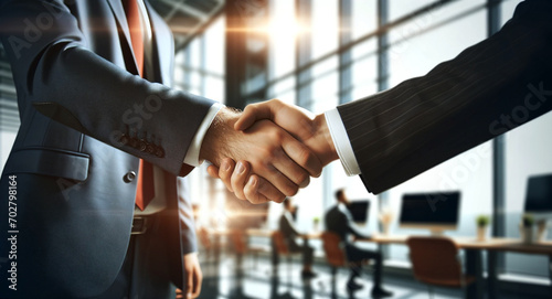 Handshake of two businessmen close-up. Business banner background. Generative AI