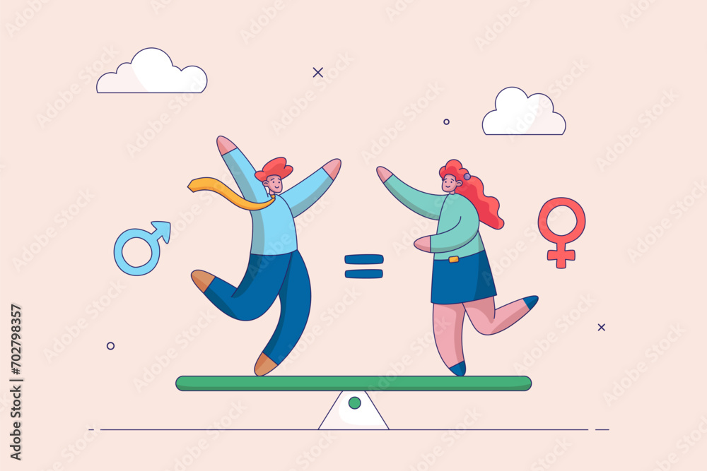 Gender equality concept. Male and female with symbol on the scales feeling equal discrimination. Modern flat vector illustration in cartoon style.