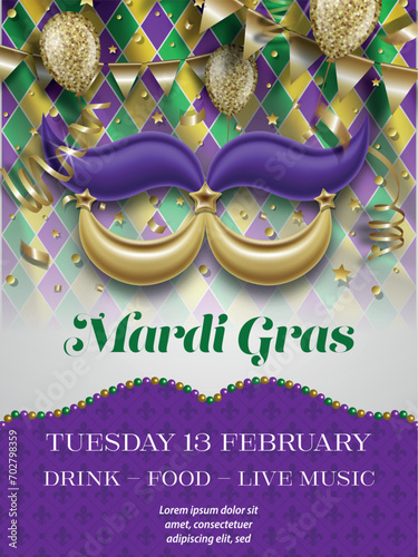 mardi gras party poster. mardi gras background with mask shaped party balloon and streamers