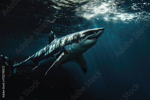 A great white shark swimming gracefully in the moonlit waters © Venka