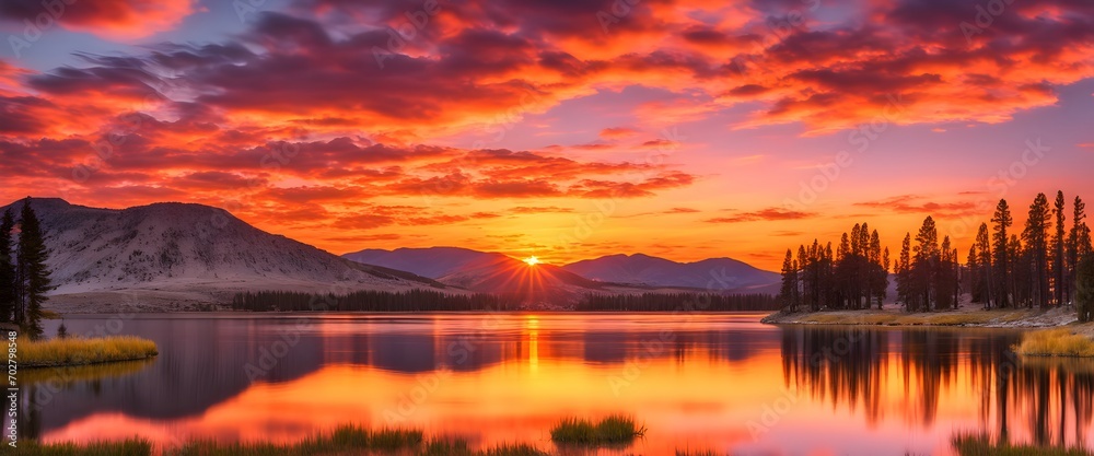 Colorful sunset, calm lake, shimmering reflections. Vibrant sunset over a lake. Nature background. Autumn Colors. Generative AI
Colorful sunset, calm lake, shimmering reflections. Vibrant sunset over a lake. Nature background. Autumn Colors. Generative AI