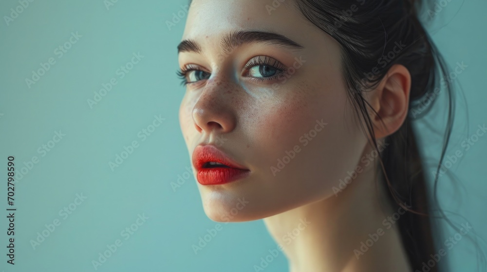 Fototapeta premium portrait of a beautiful woman with black smoothly combed hair, ponytail hairstyle, colorful advertising photo of a beauty salon, glossy glamor