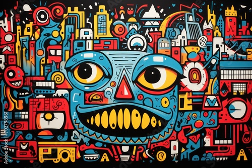  a painting of a blue face surrounded by lots of different types of shapes and sizes of things on a black background.