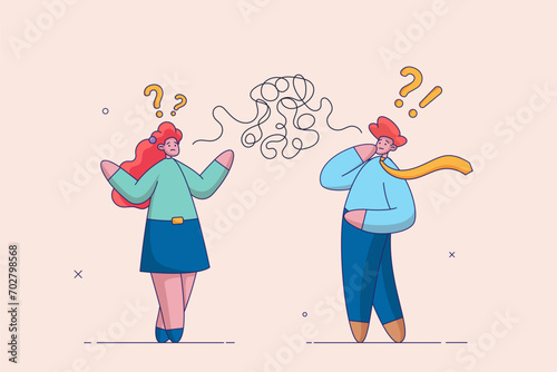 Bad communication concept. Misunderstanding create confusion in work, miscommunicate unclear message and information, businessman talking through messy chaos, tangled phone line make other confused.