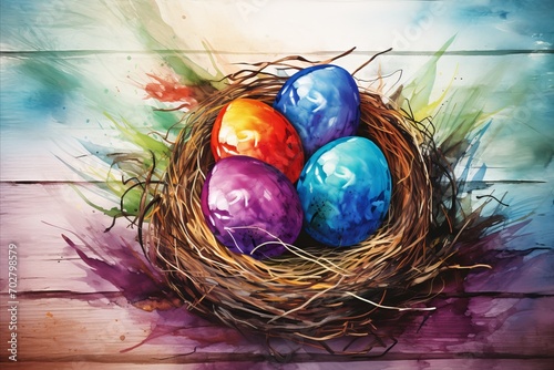 Painted easter eggs in nest on rustic wooden background, vintage style, happy easter card.