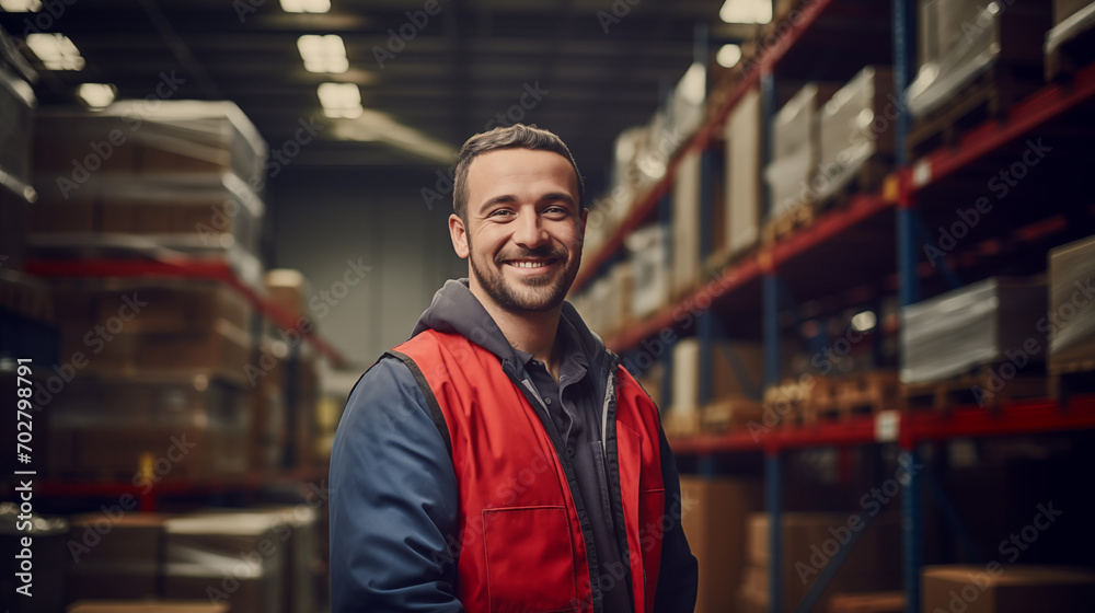 Male Logistic worker standing and smiling at the camera on a warehouse background