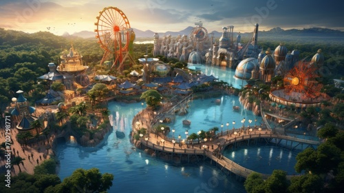 A panoramic aerial perspective of an amusement park's extensive layout, revealing the excitement and energy of visitors enjoying various activities. photorealistic Generative AI