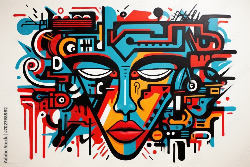a painting of a woman's face with a lot of different colored lines and shapes on the side of her face. a painting of a woman's face with a lot of different colored lines and shapes on the side of her face.