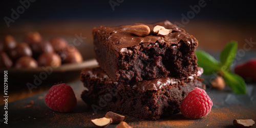 Chocolate brownies with raspberries and hazelnuts. Chocolate cake photo