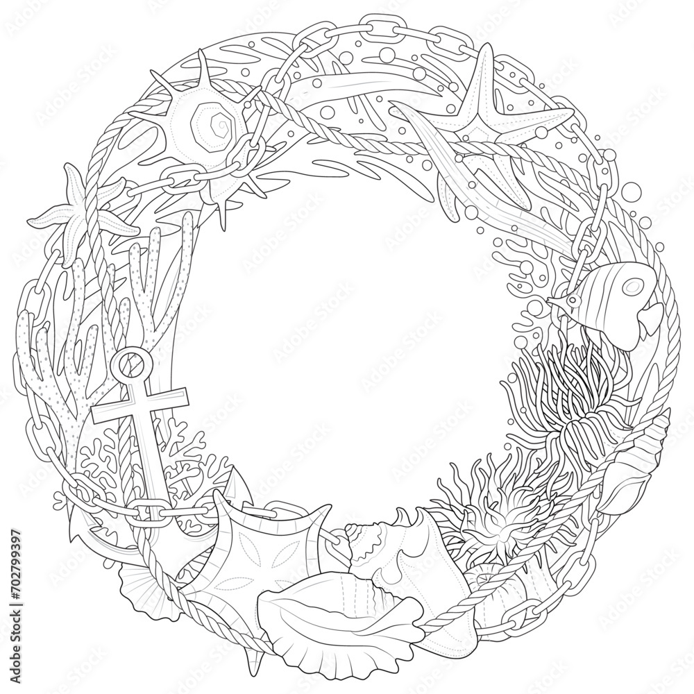Summer Sea Wreath of shells and corals, starfish, anchors, seaweed and sea anemones. Black and white. Art therapy Coloring page. Vector illustration Summer Sea Wreath of shells and corals, starfish, anchors, seaweed and sea anemones. Black and white. Art therapy Coloring page. Vector illustration