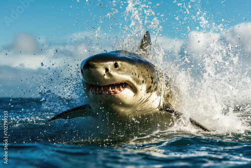 A great white shark as it breaches the ocean surface while hunting