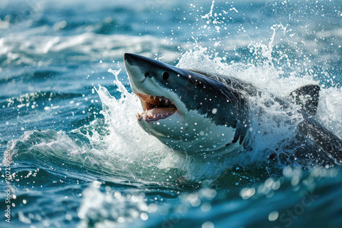 A great white shark as it breaches the ocean surface while hunting