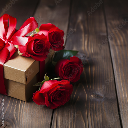 Valentine's day gift box. Romantic red rose flowers gift box and background
