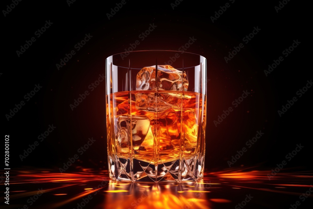a glass of whiskey with ice cubes on a black background with a reflection of the ice cubes in the glass. a glass of whiskey with ice cubes on a black background with a reflection of the ice cubes in the glass.