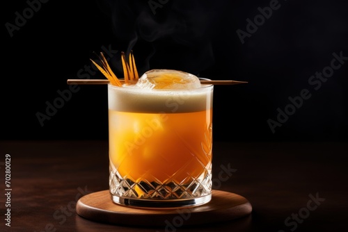  a drink sitting on top of a wooden table next to a glass filled with liquid and a straw sticking out of the top.