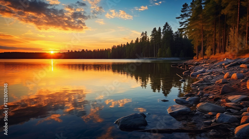 Sunset at coast of the lake Nature landscape