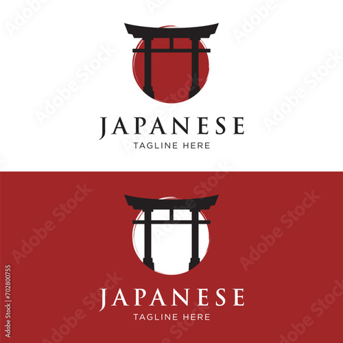 Japanese ancient torii gate logo template design. Tori gate Japanese heritage, culture and history.