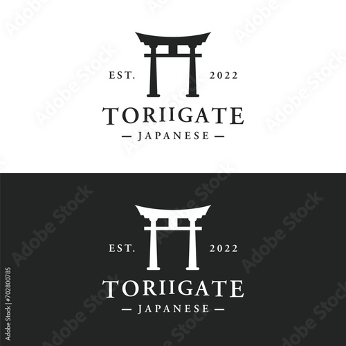 Japanese ancient torii gate logo template design. Tori gate Japanese heritage, culture and history.