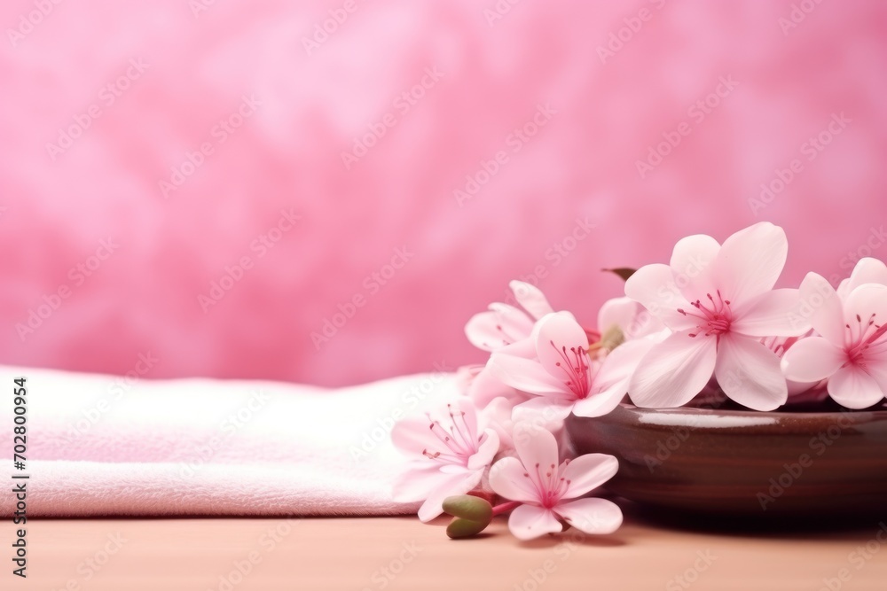 a wooden bowl filled with pink flowers on top of a white towel next to a wooden bowl with pink flowers on top of it. a wooden bowl filled with pink flowers on top of a white towel next to a wooden bowl with pink flowers on top of it.