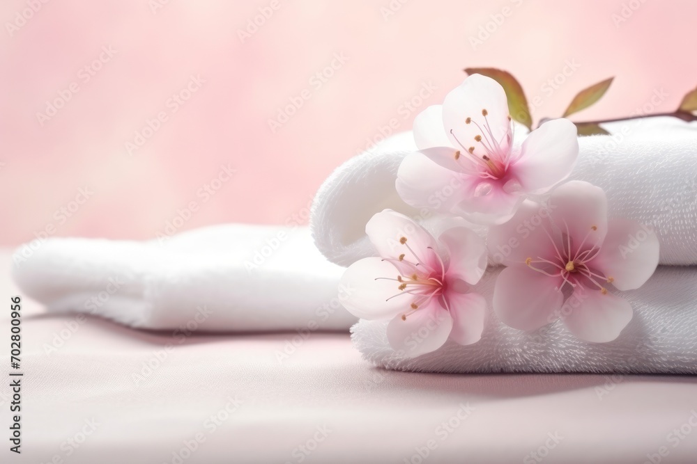  a pair of white towels with pink flowers on them sitting on a white bed with a pink wall in the background.