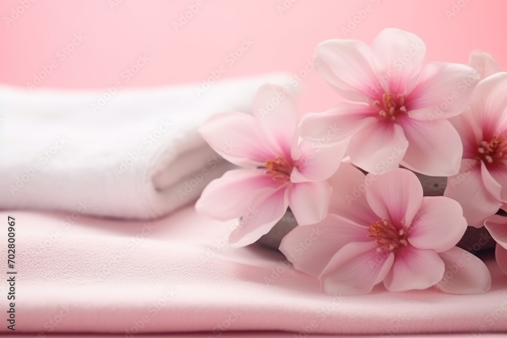 a bunch of pink flowers sitting on top of a white towel on top of a pink table cloth on top of a table. a bunch of pink flowers sitting on top of a white towel on top of a pink table cloth on top of a table.