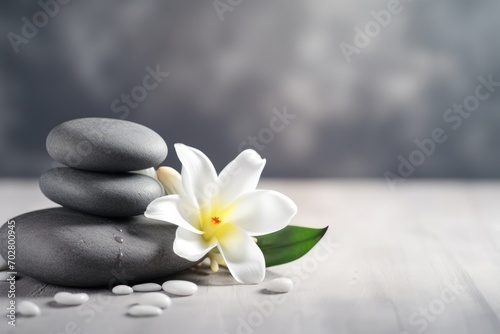  a white flower sitting on top of a pile of rocks next to a pile of white and gray rocks on top of a wooden table.
