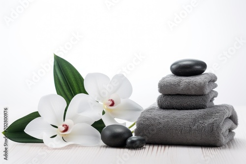  a pile of towels sitting next to a pile of black stones and a white flower on top of a wooden table.