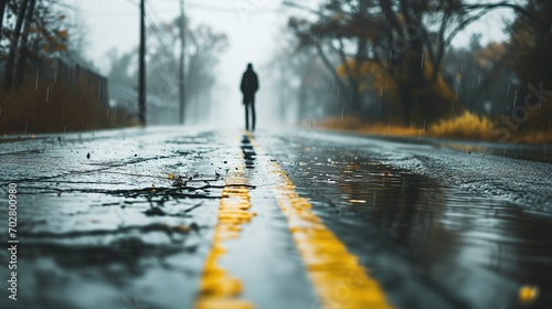 Fototapeta Naklejka Na Ścianę i Meble -  Rain on the street road with a lone person standing on it depicting loneliness and depression