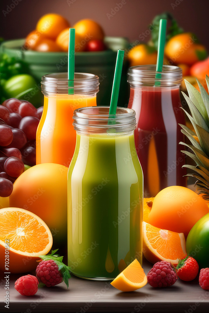 Various freshly squeezed fruits and vegetables juices and their ingredients with on a table. Various freshly squeezed fruits and vegetables juices and their ingredients with on a table.