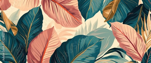 Vibrant tropical leaves and trees in a hyper-realistic, sharp-focus stock image. Colorful and decorative with a pastel palette, perfect for vintage posters or nature-inspired designs. photo