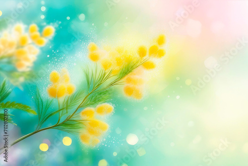 Spring mimosa flowers on blurred background, spring season concept.
