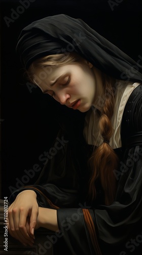 A young widow in mourning attire cries over the coffin of her deceased husband