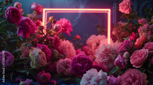 User trendy neon glowing picture frame with copy space on the background of peonies  ranunculus and garden roses.  selective focus 