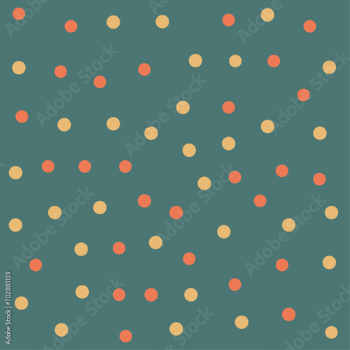 Doodle multicolored seamless Polka Dot design pattern on green background. Vector illustration for cards, business, banners, textile, wallpaper, wrapping 