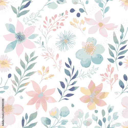 Watercolor Pastel Floral and Flower Seamless Pattern on a White Background