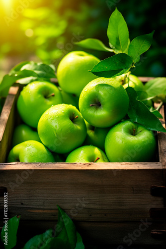 Harvest of green apples in a box in the garden. Selective focus.