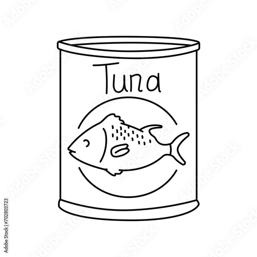 Hand drawn tuna can color element. Cartoon Ultra processed food (upf).