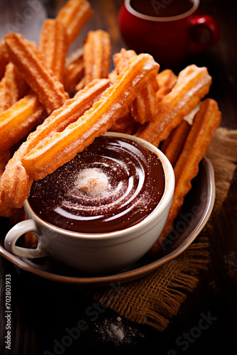 churros with chocolate. Selective focus.