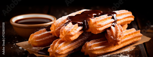 churros with chocolate. Selective focus.